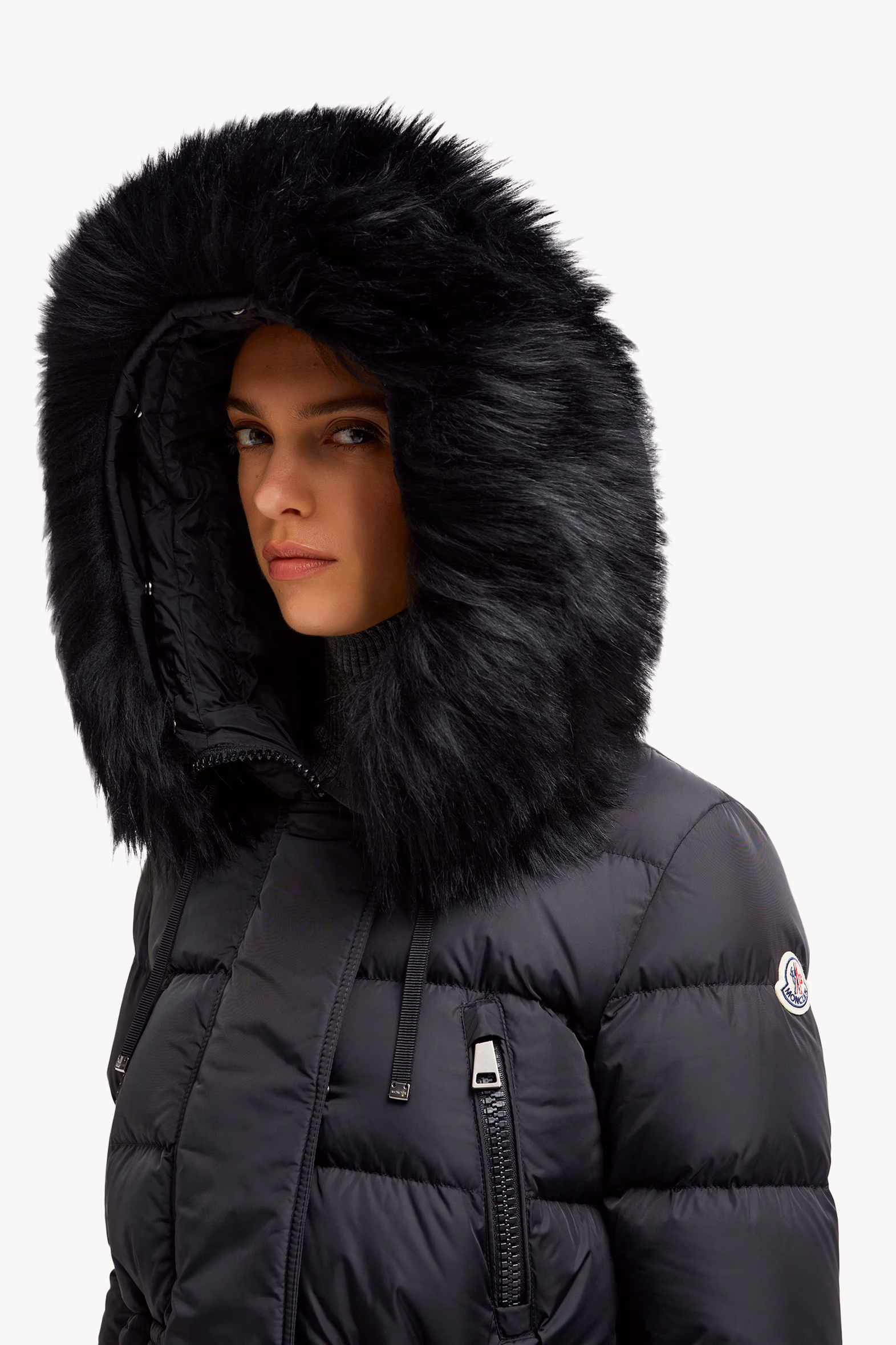 Aphroti Hooded Shearling-Trimmed Long Down Jacket Women Black Moncler 4